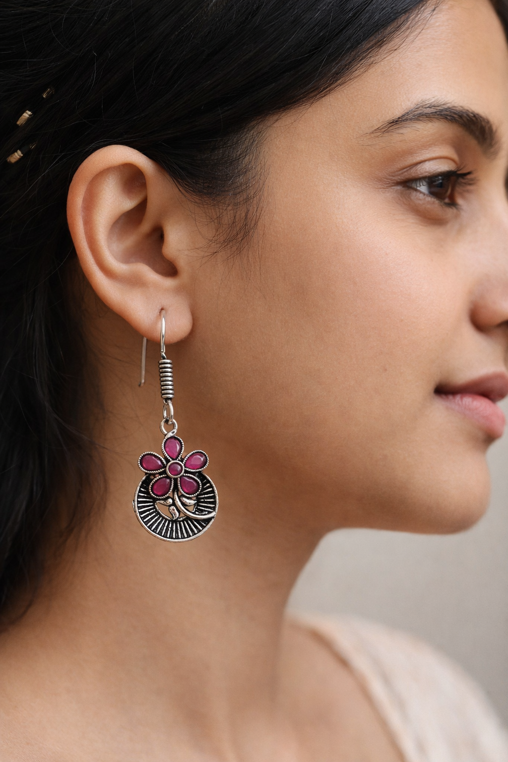 Crimson Bloom Oxidised Earrings