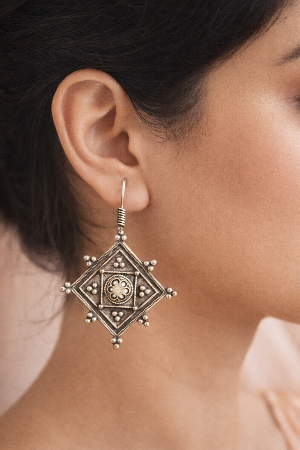 Square Floral Oxidised Earrings