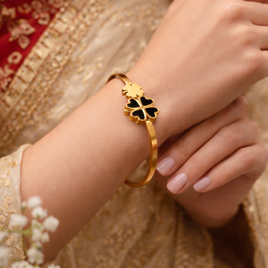 Stainless steel black flower design gold kada