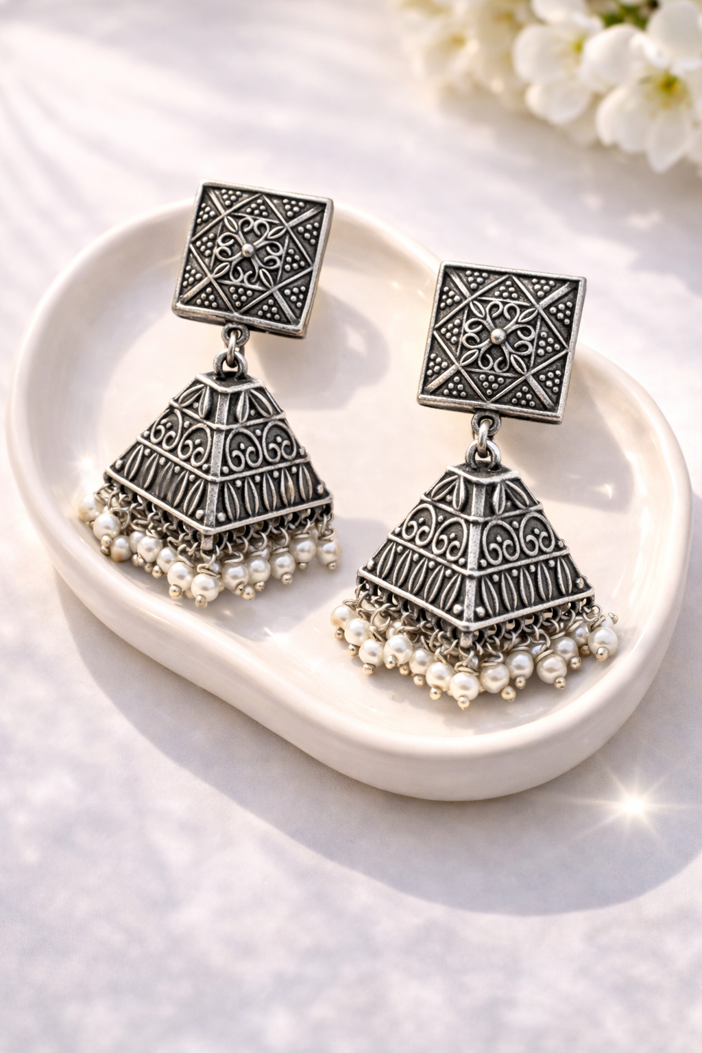 Temple Charm Oxidised Pyramid Jhumkas