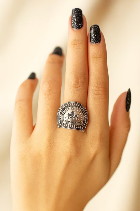 Half Moon Oxidised Ring – Antique Semi-Circular Design