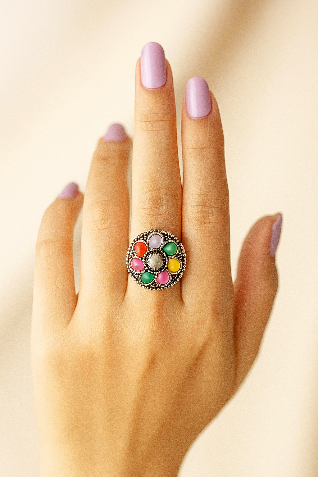 Oxidised Silver Flower Ring – Multicolor Stone/Bead Accents