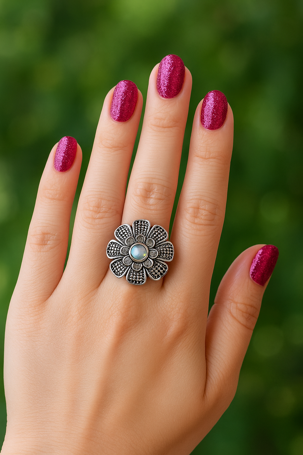 Vintage Floral Oxidised Ring with Green Accent