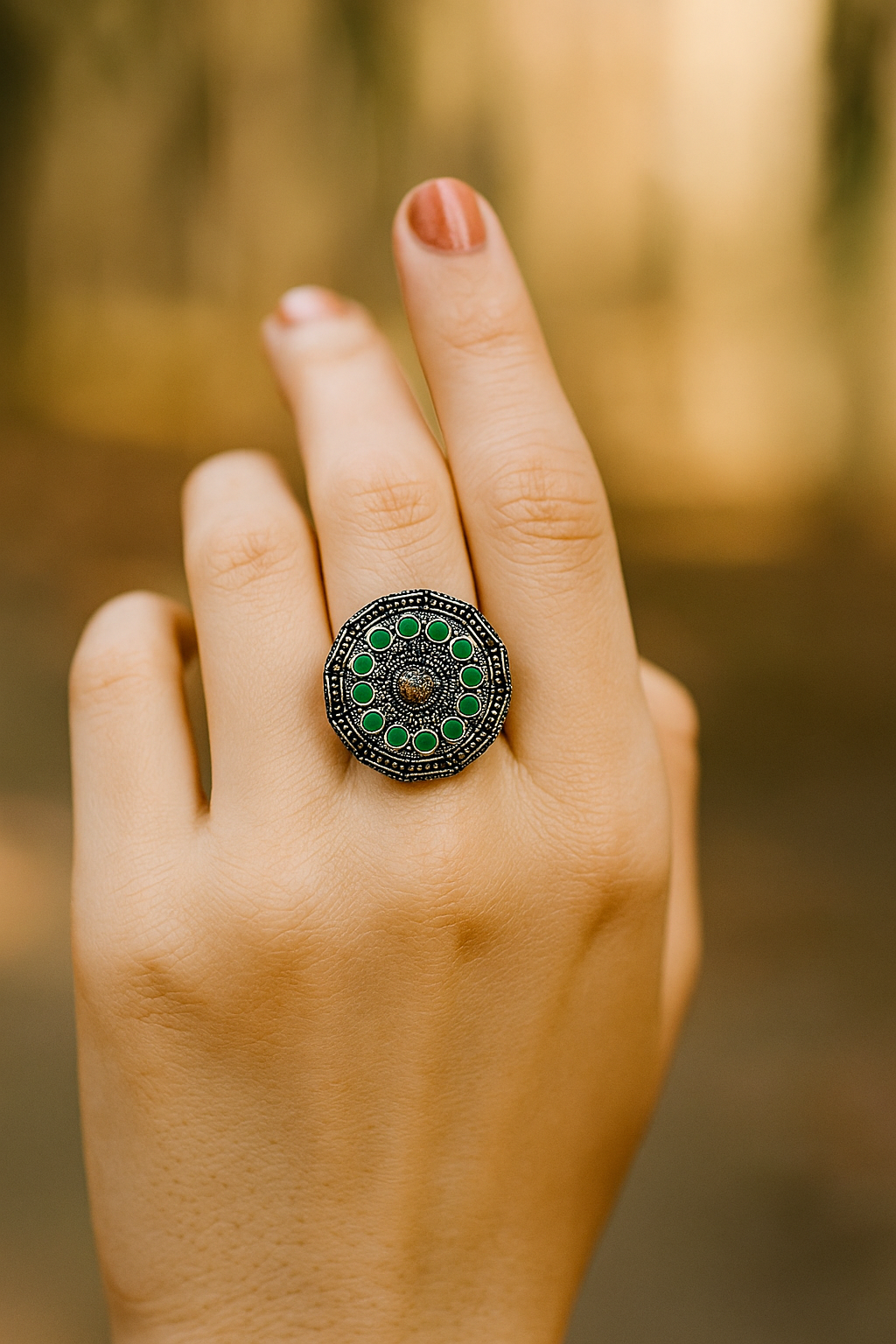 Oxidised Ring with Green Bead Center – Adjustable Ethnic Jewellery