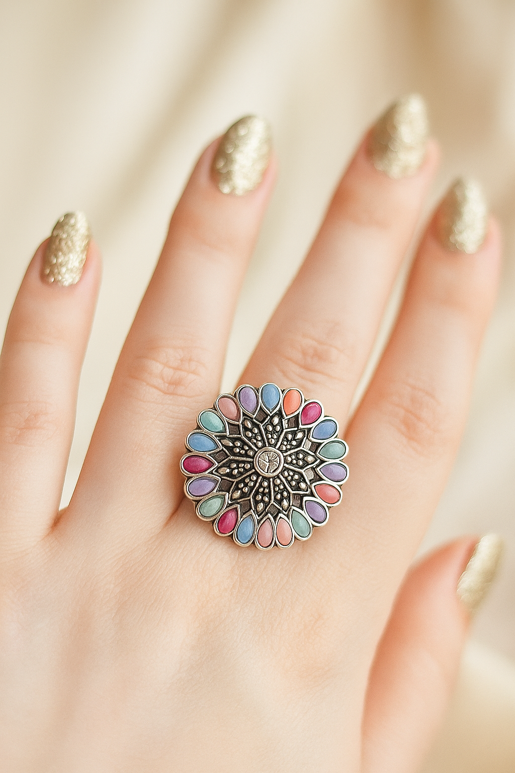 Round Shaped Oxidised Ring with Multicolor Beads.