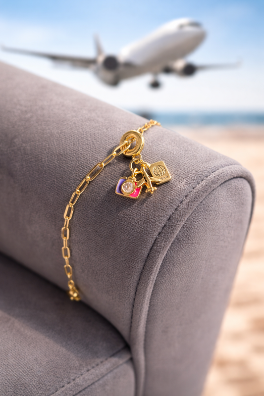 Stainless Steel Travel Charm Bracelet – Gold Finish