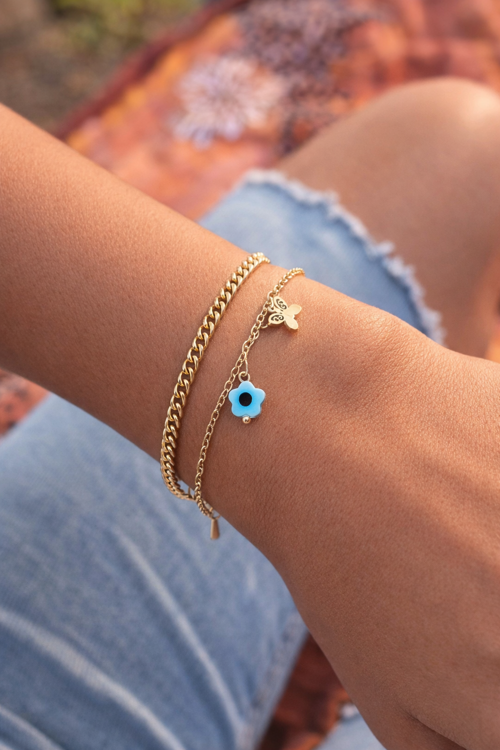 Stainless Steel Charm Bracelet – Butterfly & Evil Eye