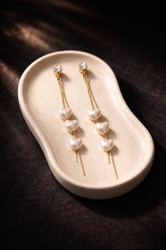 Golden Pearl Heart Drop Earrings