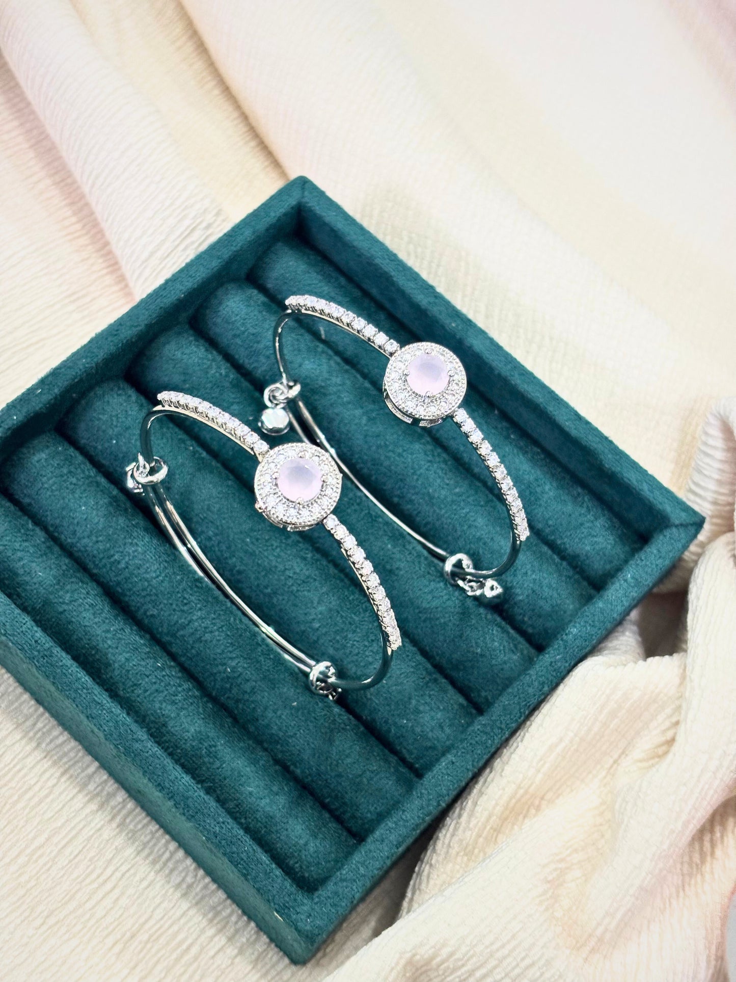 Elegant Silver CZ Kada Pair with Pastel Center Stone