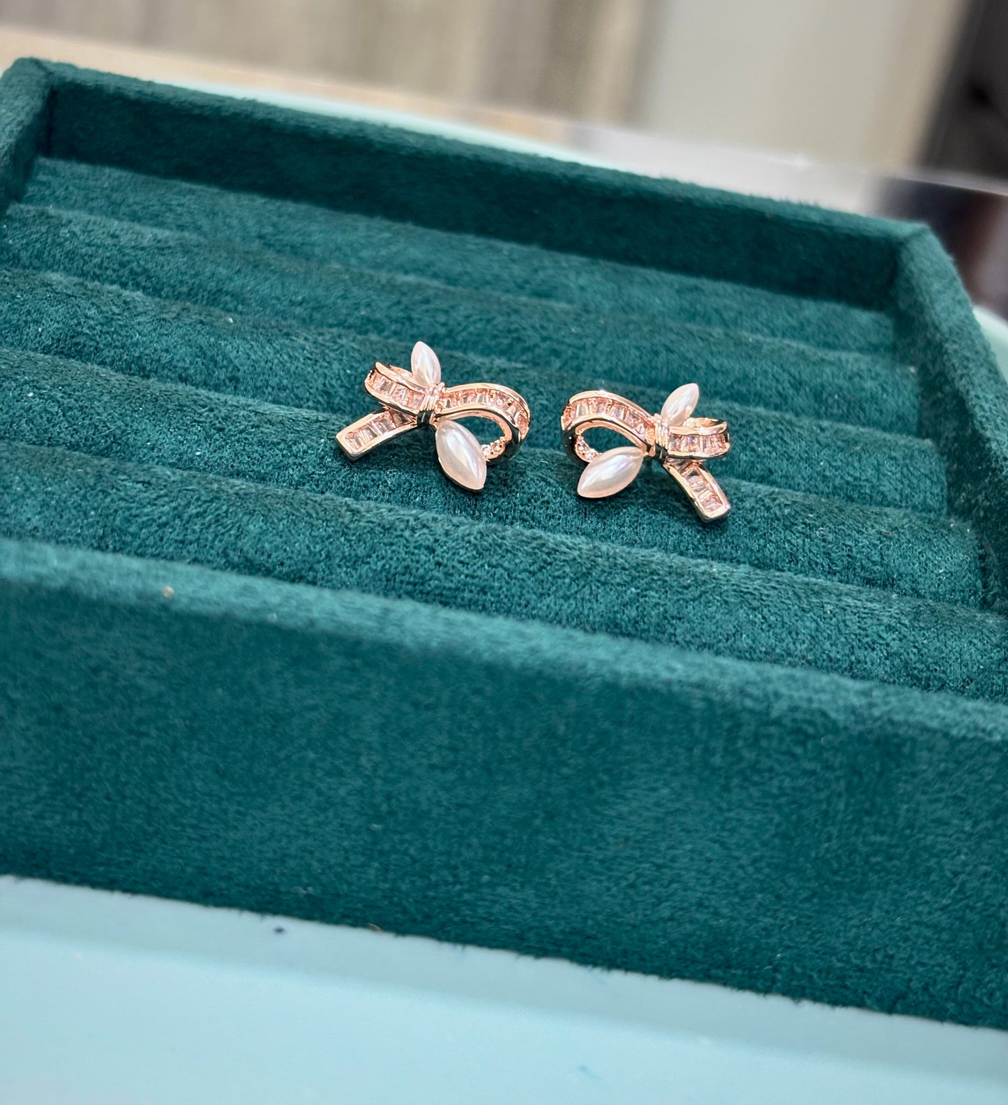 Ribbon Stud Earrings with Pearl Accents