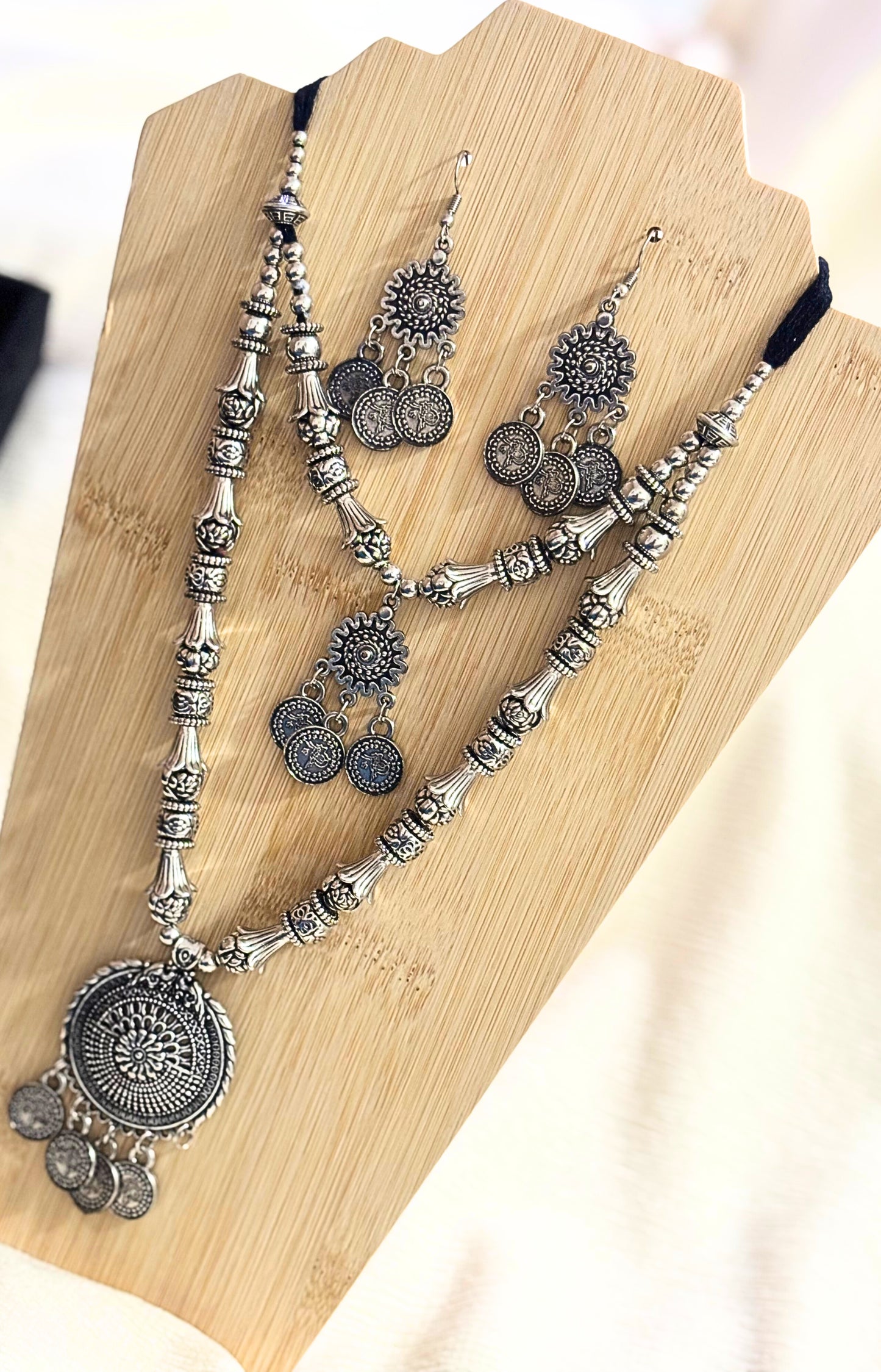 Regal Aura Oxidised Coin Necklace Set
