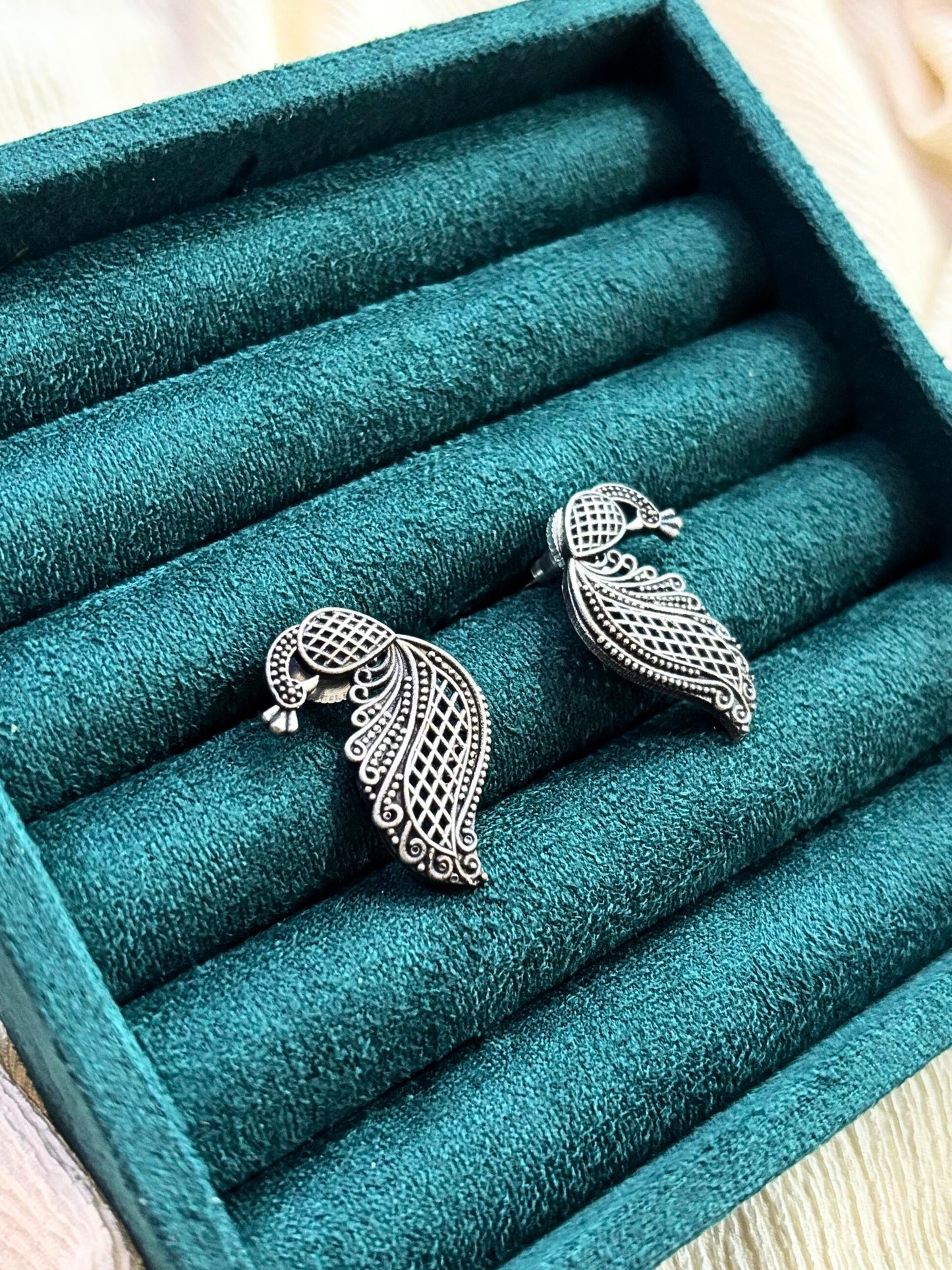 Graceful Peacock Oxidised Studs