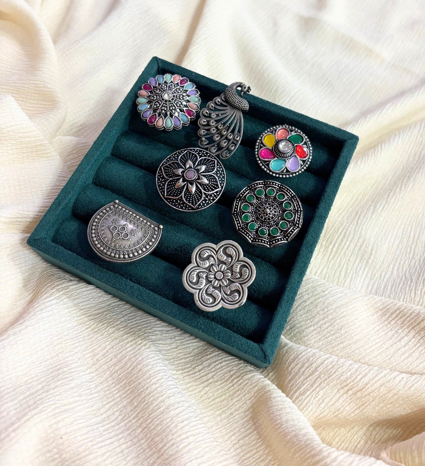 Oxidised Ring with Green Bead Center – Adjustable Ethnic Jewellery