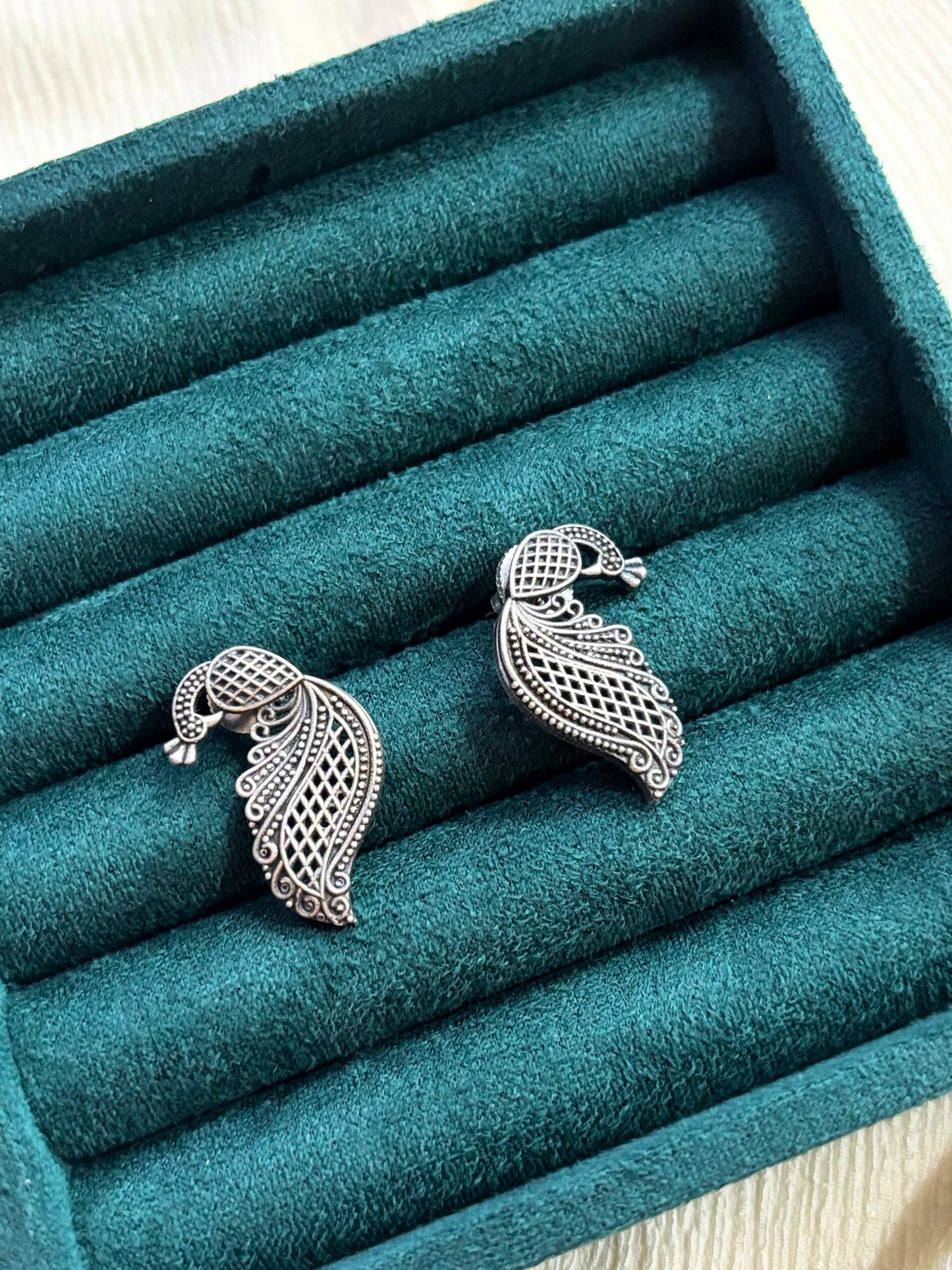 Graceful Peacock Oxidised Studs