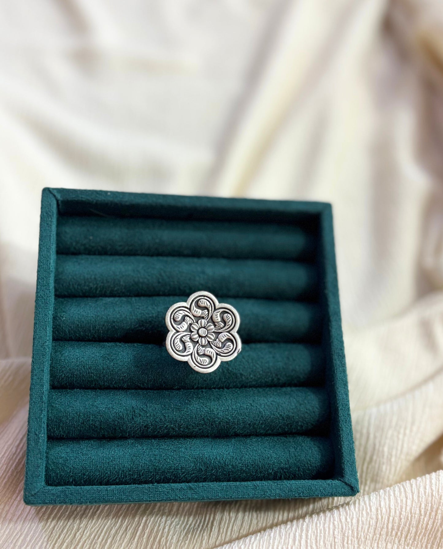 Double Flower Oxidised Ring – Floral Design with Center Flower