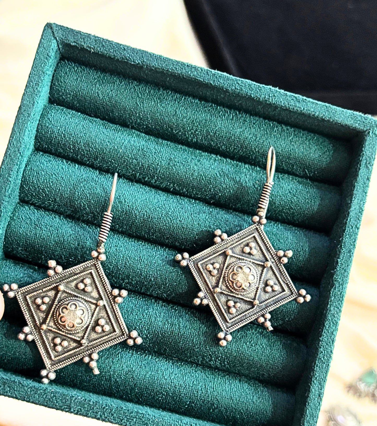 Square Floral Oxidised Earrings