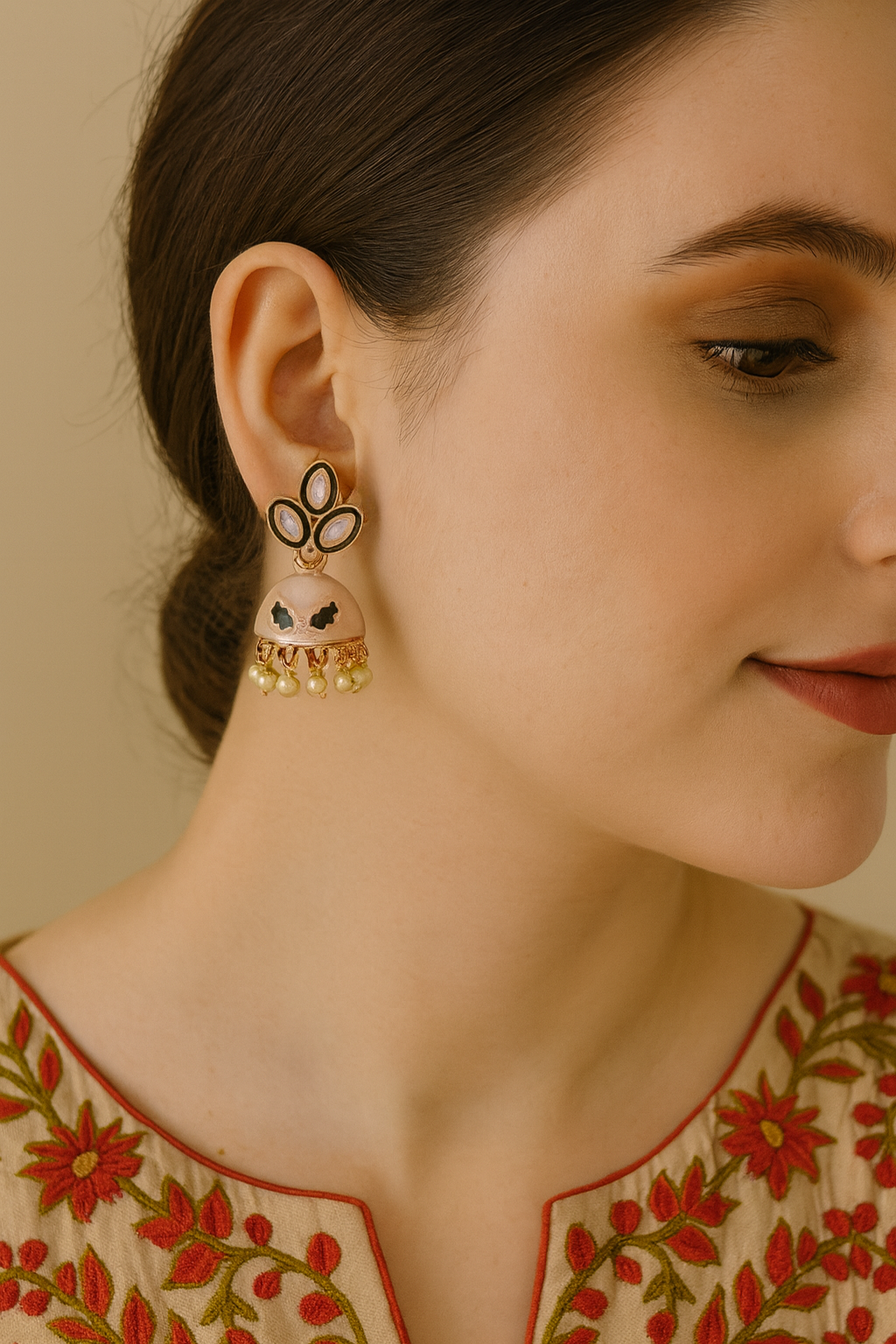 Enamel Jhumka Earrings with Pearl Drops