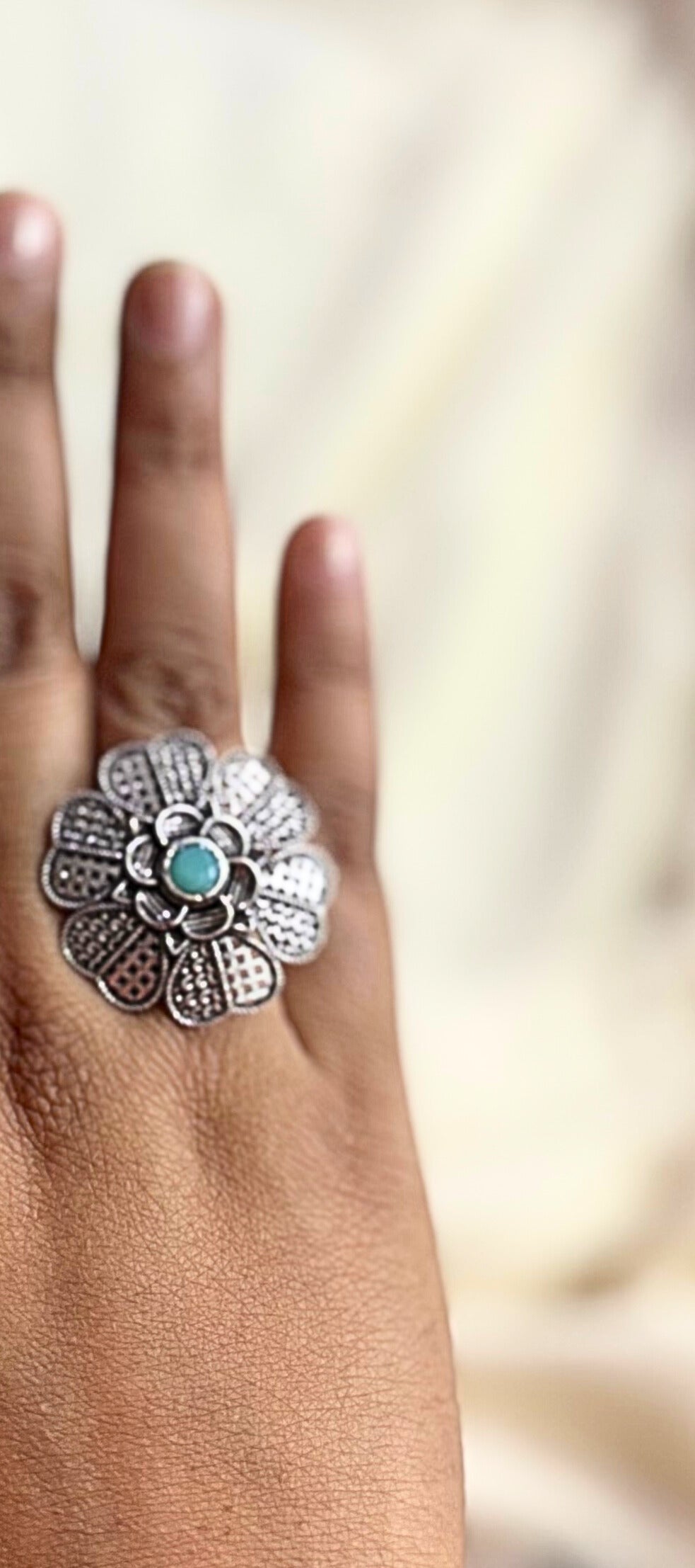 Vintage Floral Oxidised Ring with Green Accent