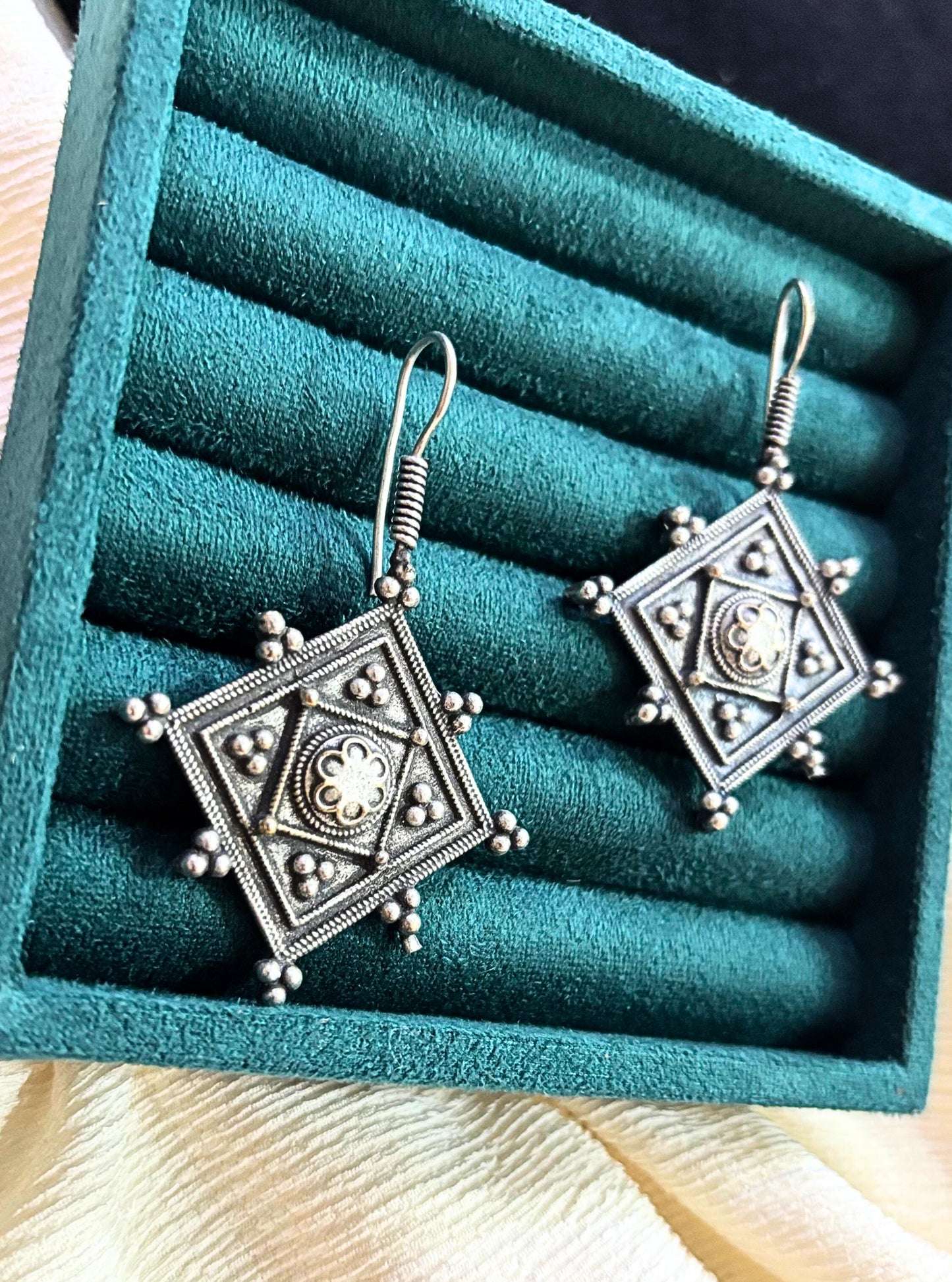 Square Floral Oxidised Earrings